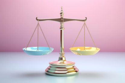 A balanced scale with work items on one side and personal items on the other