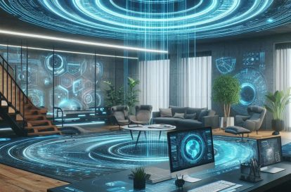 A futuristic office space with digital elements