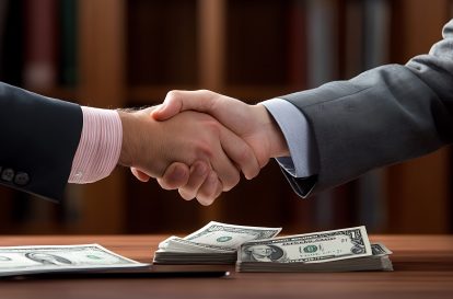 A handshake over a contract with money in the background